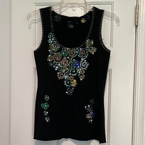 Embellished Black Sleeveless Top with Green & Blue Accents